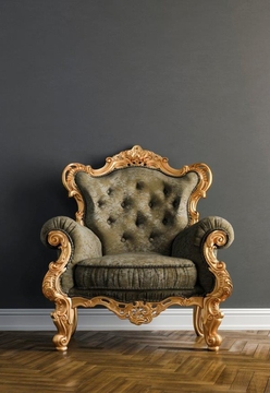 Ornate chair positioned against an aubergine background